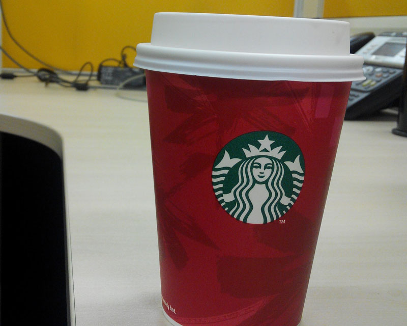 Cheerful Starbucks Christmas cups.